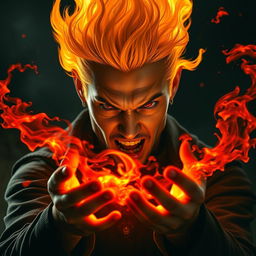 A powerful portrait of a 20-year-old angry man with a striking yellow fire head that flickers with intensity, resembling flames