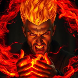 A powerful portrait of a 20-year-old angry man with a striking yellow fire head that flickers with intensity, resembling flames