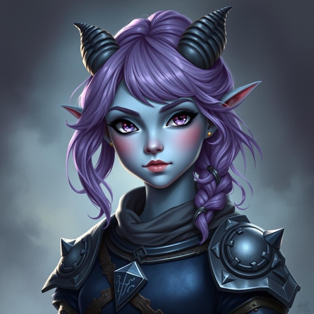 A full-body portrayal of a young female tiefling in Dungeons & Dragons fantasy art style