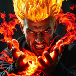 A powerful portrait of a 20-year-old angry man with a striking yellow fire head that flickers with intensity, resembling flames