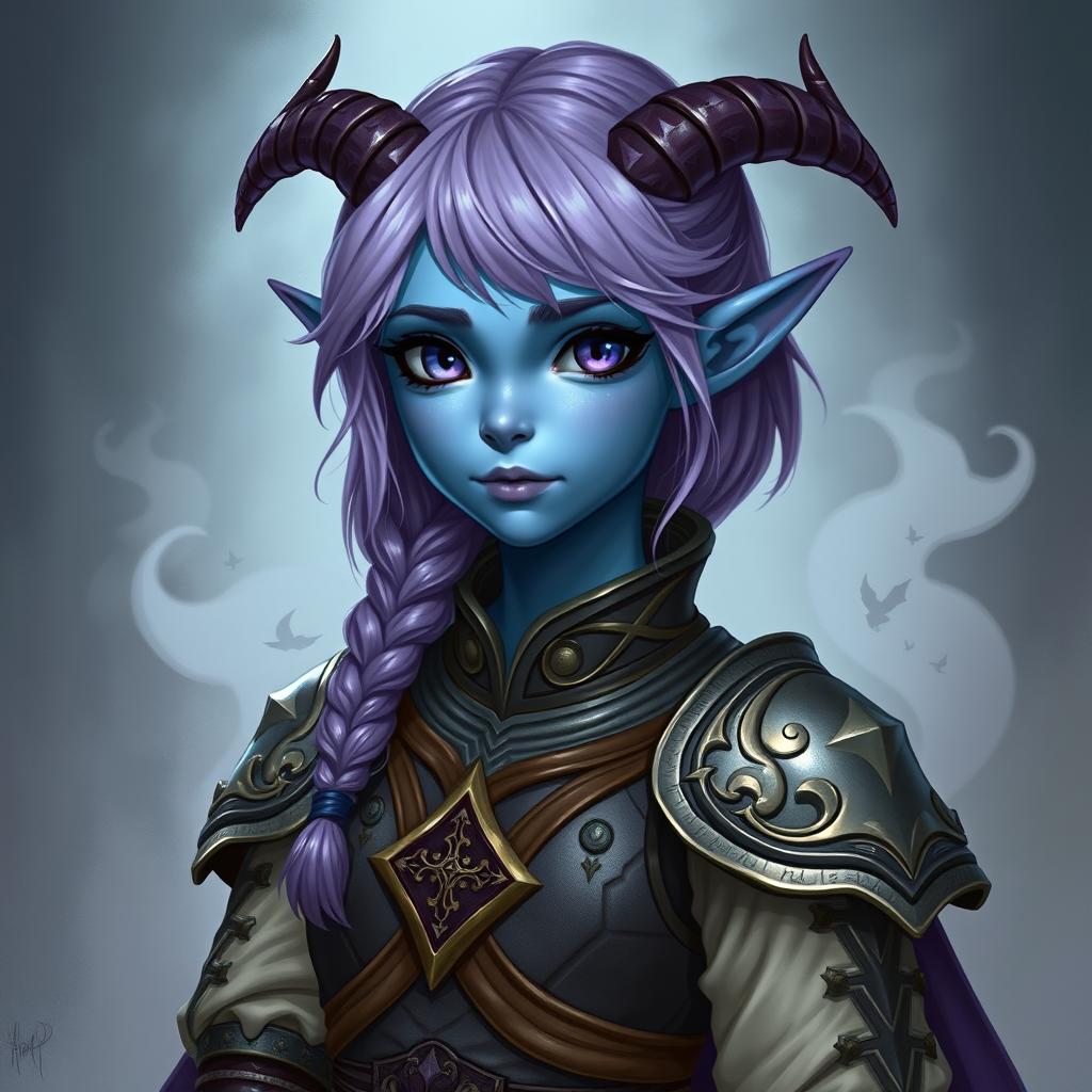 A full-body portrayal of a young female tiefling in Dungeons & Dragons fantasy art style