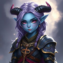 A full-body portrayal of a young female tiefling in Dungeons & Dragons fantasy art style