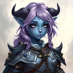 A full-body portrayal of a young female tiefling in Dungeons & Dragons fantasy art style