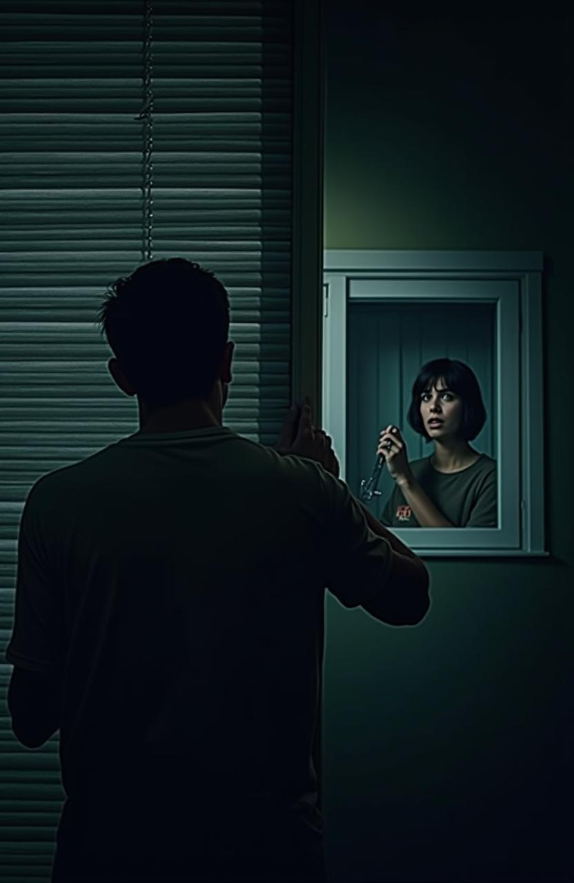 A gripping film poster set at night, featuring a man in his forties with his back turned, wearing a casual t-shirt, positioned in front of a shutter