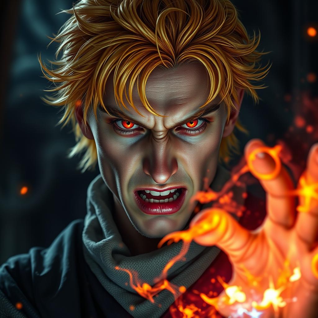 A portrait of a 20-year-old angry man with yellow glowing hair and striking red eyes, casting a vibrant and colorful magic