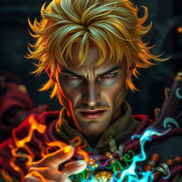 A portrait of a 20-year-old angry man with yellow glowing hair and striking red eyes, casting a vibrant and colorful magic