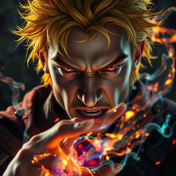 A portrait of a 20-year-old angry man with yellow glowing hair and striking red eyes, casting a vibrant and colorful magic