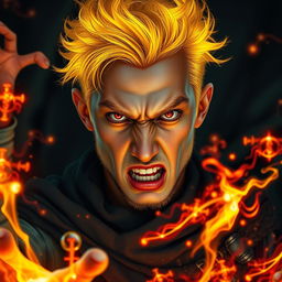 A portrait of a 20-year-old angry man with yellow glowing hair and striking red eyes, casting a vibrant and colorful magic