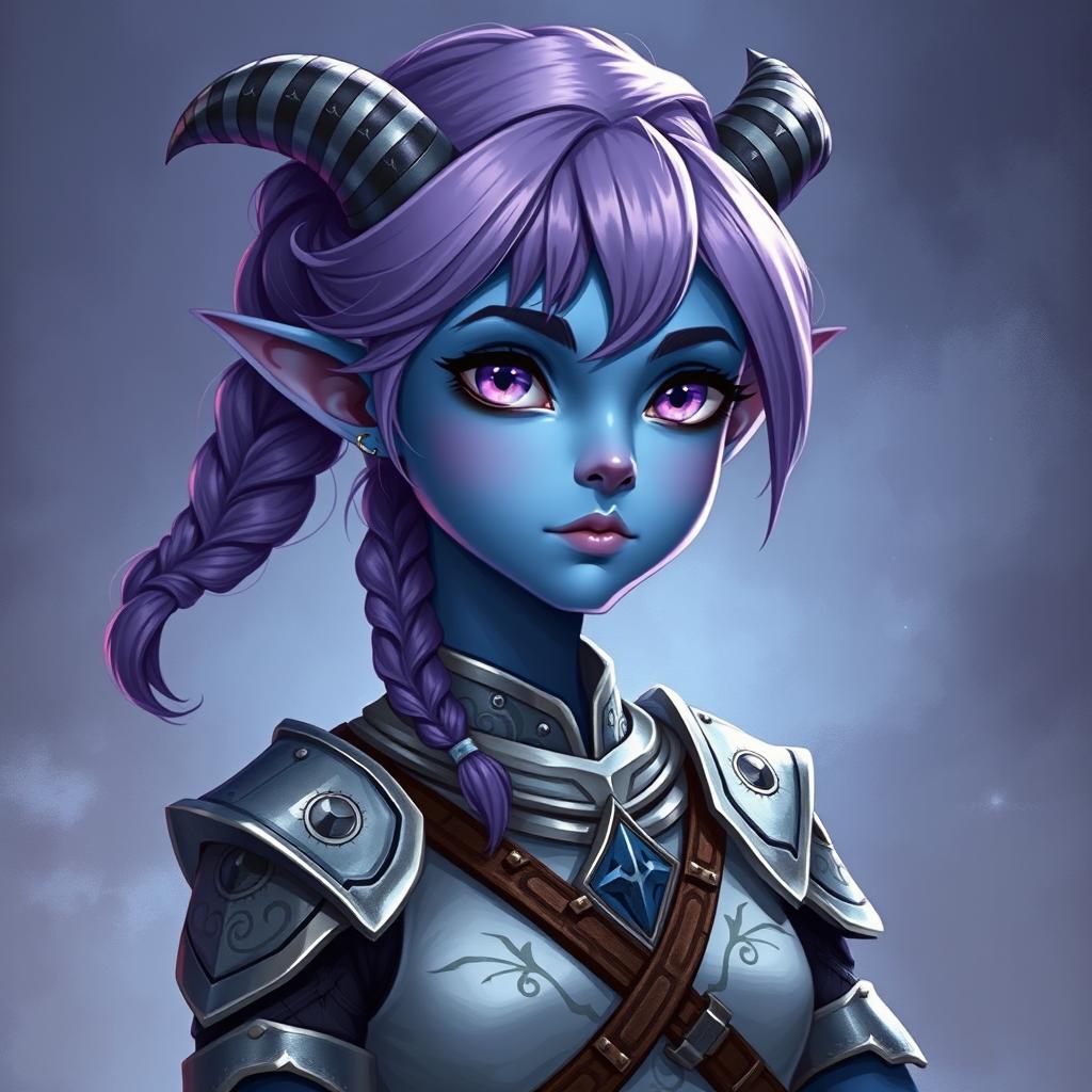 A full-body depiction of a young female tiefling in a Dungeons & Dragons fantasy art style