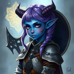 A full-body portrayal of a young female tiefling in Dungeons & Dragons fantasy art style