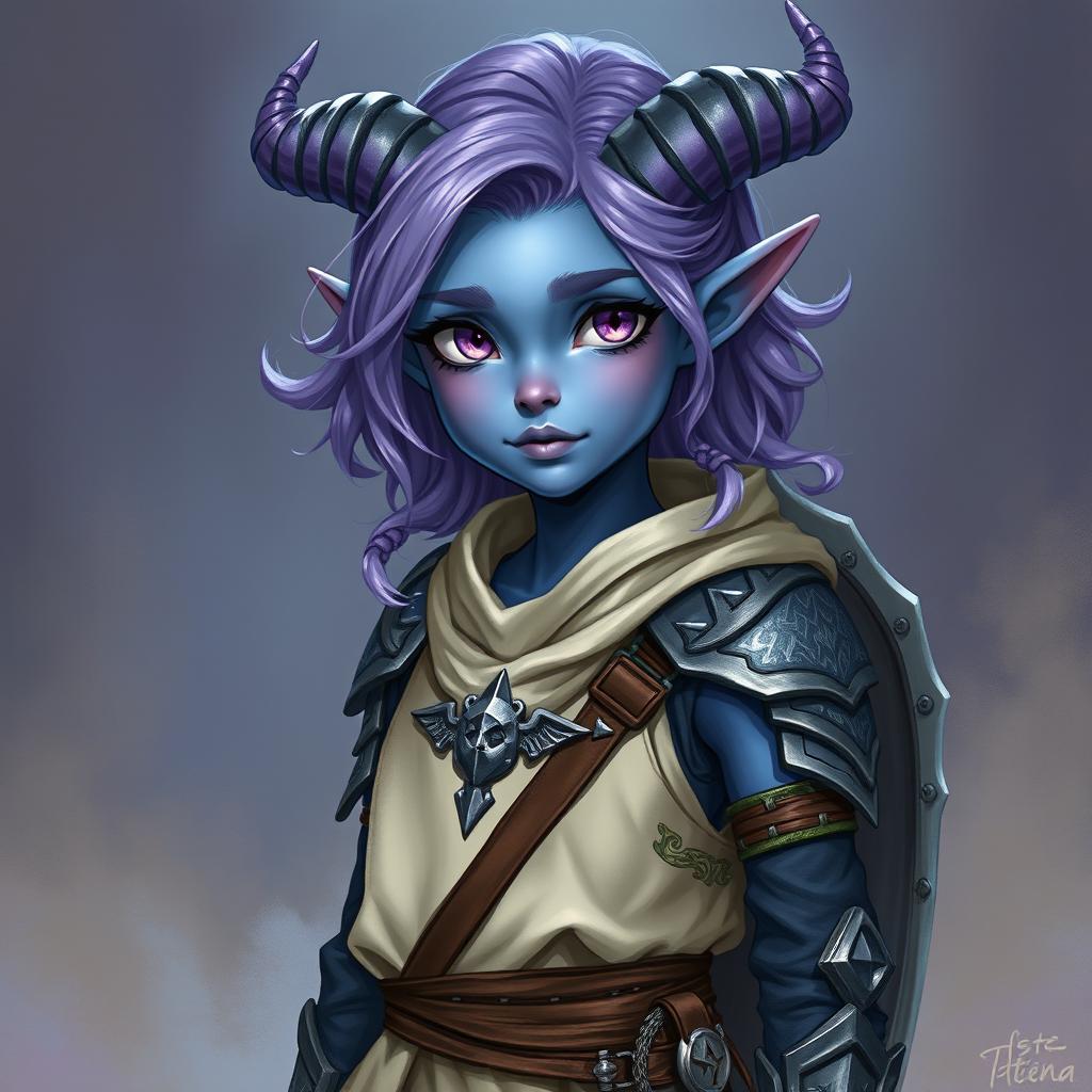 A full-body depiction of a young female tiefling in Dungeons & Dragons fantasy art style