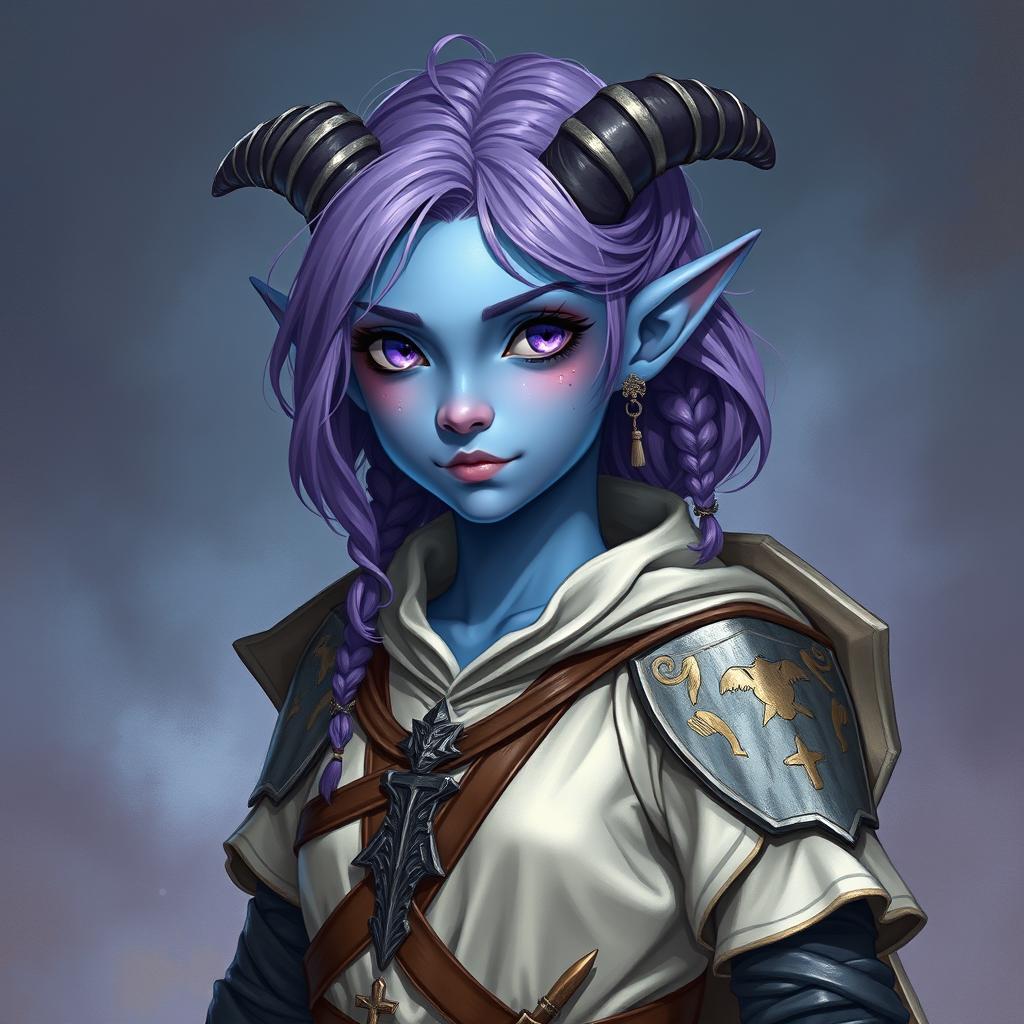 A full-body depiction of a young female tiefling in Dungeons & Dragons fantasy art style