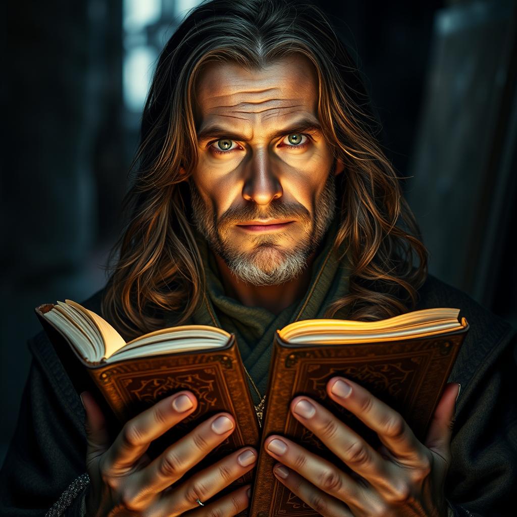 A portrait of a 50-year-old man with long brown hair and captivating green eyes, confidently holding magical books