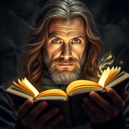 A portrait of a 50-year-old man with long brown hair and captivating green eyes, confidently holding magical books