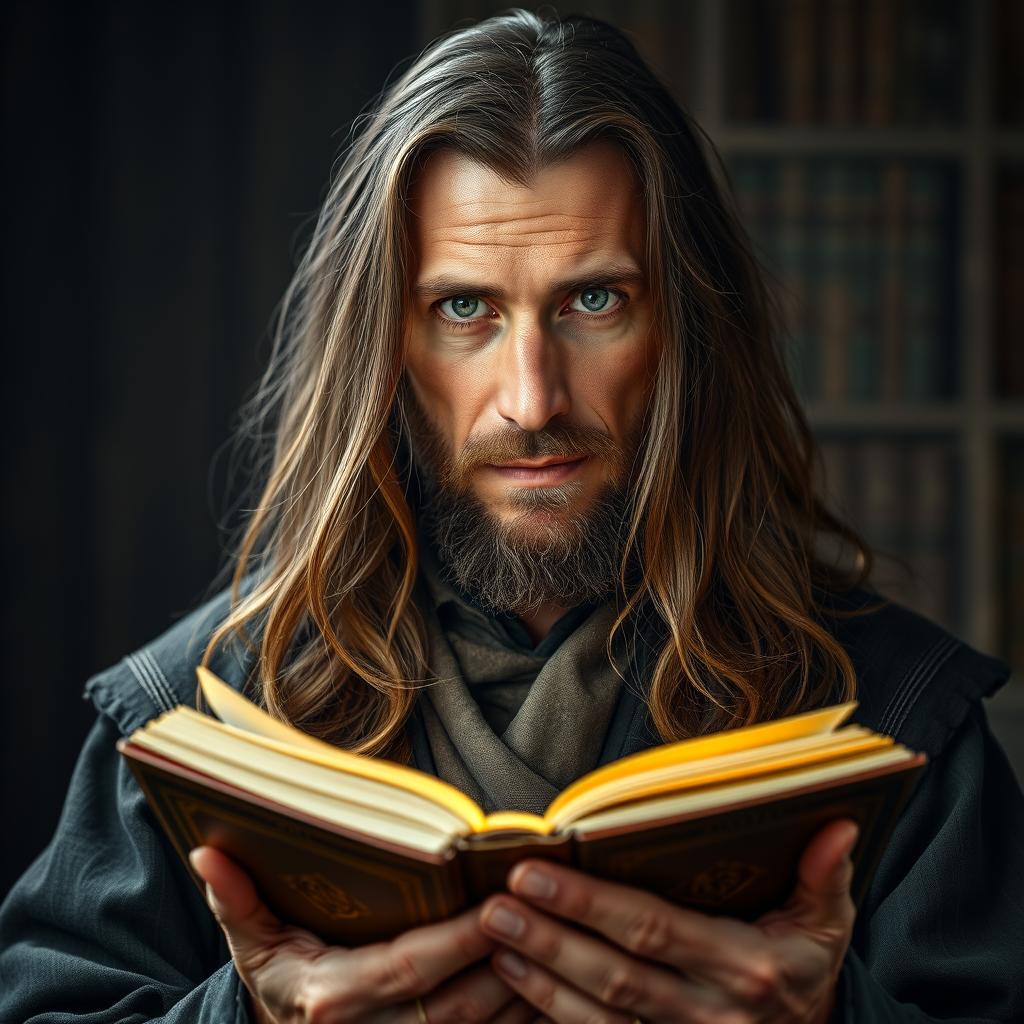 A portrait of a 50-year-old man with long brown hair and captivating green eyes, confidently holding magical books