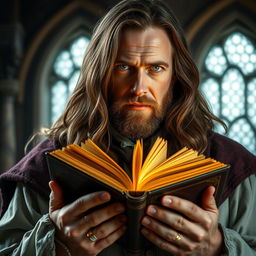 A portrait of a 50-year-old man with long brown hair and captivating green eyes, confidently holding magical books