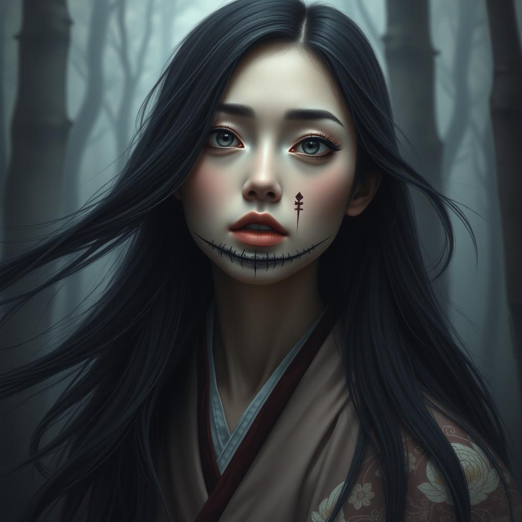 A hyper-realistic portrait of a woman inspired by Japanese folklore, specifically the legend of the slit-mouthed woman (Kuchisake-onna)