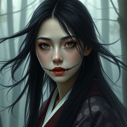 A hyper-realistic portrait of a woman inspired by Japanese folklore, specifically the legend of the slit-mouthed woman (Kuchisake-onna)