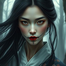 A hyper-realistic portrait of a woman inspired by Japanese folklore, specifically the legend of the slit-mouthed woman (Kuchisake-onna)