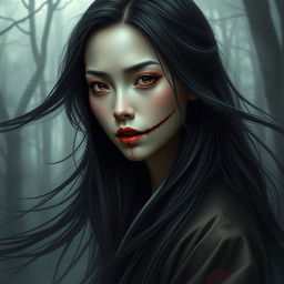 A hyper-realistic portrait of a woman inspired by Japanese folklore, specifically the legend of the slit-mouthed woman (Kuchisake-onna)