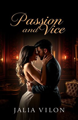 An evocative cover for a story about passion and vice, featuring a dramatic and intimate scene of a couple locked in an intense embrace, their faces close together with a look of desire and longing