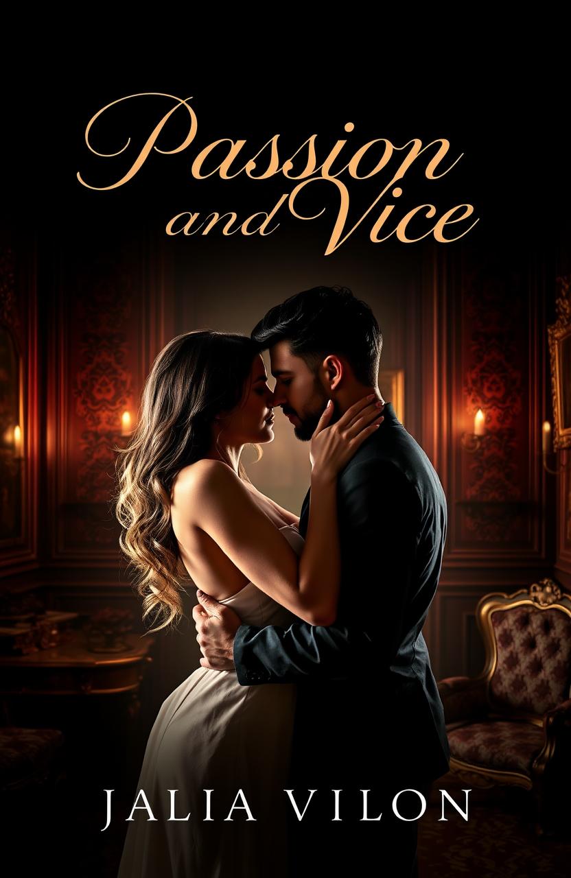 An evocative cover for a story about passion and vice, featuring a dramatic and intimate scene of a couple locked in an intense embrace, their faces close together with a look of desire and longing