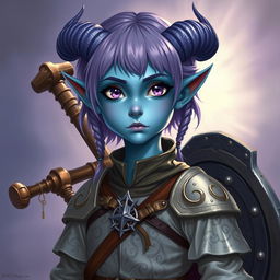 A full-body portrayal of a young female tiefling in Dungeons & Dragons fantasy art style