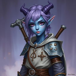 A full-body portrayal of a young female tiefling in Dungeons & Dragons fantasy art style