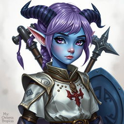 A full-body portrayal of a young female tiefling in Dungeons & Dragons fantasy art style