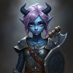 A full-body portrayal of a young female tiefling in Dungeons & Dragons fantasy art style