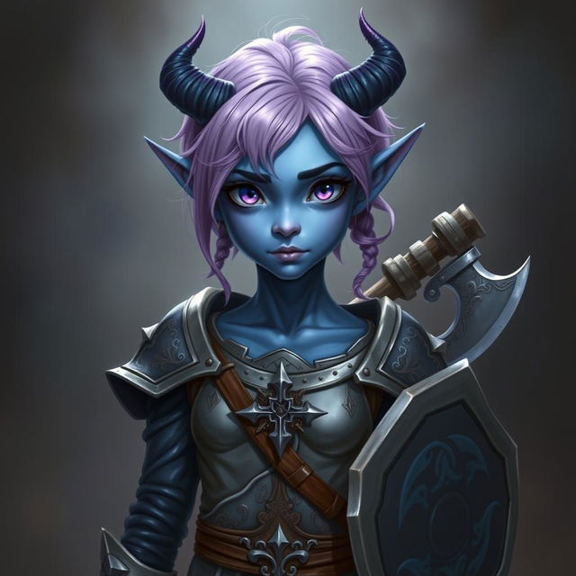 A full-body portrayal of a young female tiefling in Dungeons & Dragons fantasy art style