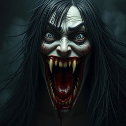 A hyper-realistic portrait of a monstrous woman inspired by Japanese folklore, specifically the legend of Kuchisake-onna