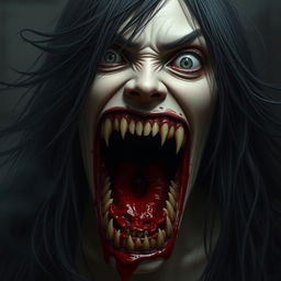 A hyper-realistic portrait of a monstrous woman inspired by Japanese folklore, specifically the legend of Kuchisake-onna