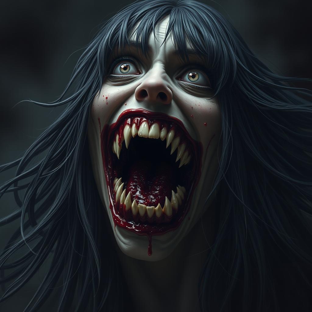 A hyper-realistic portrait of a monstrous woman inspired by Japanese folklore, specifically the legend of Kuchisake-onna