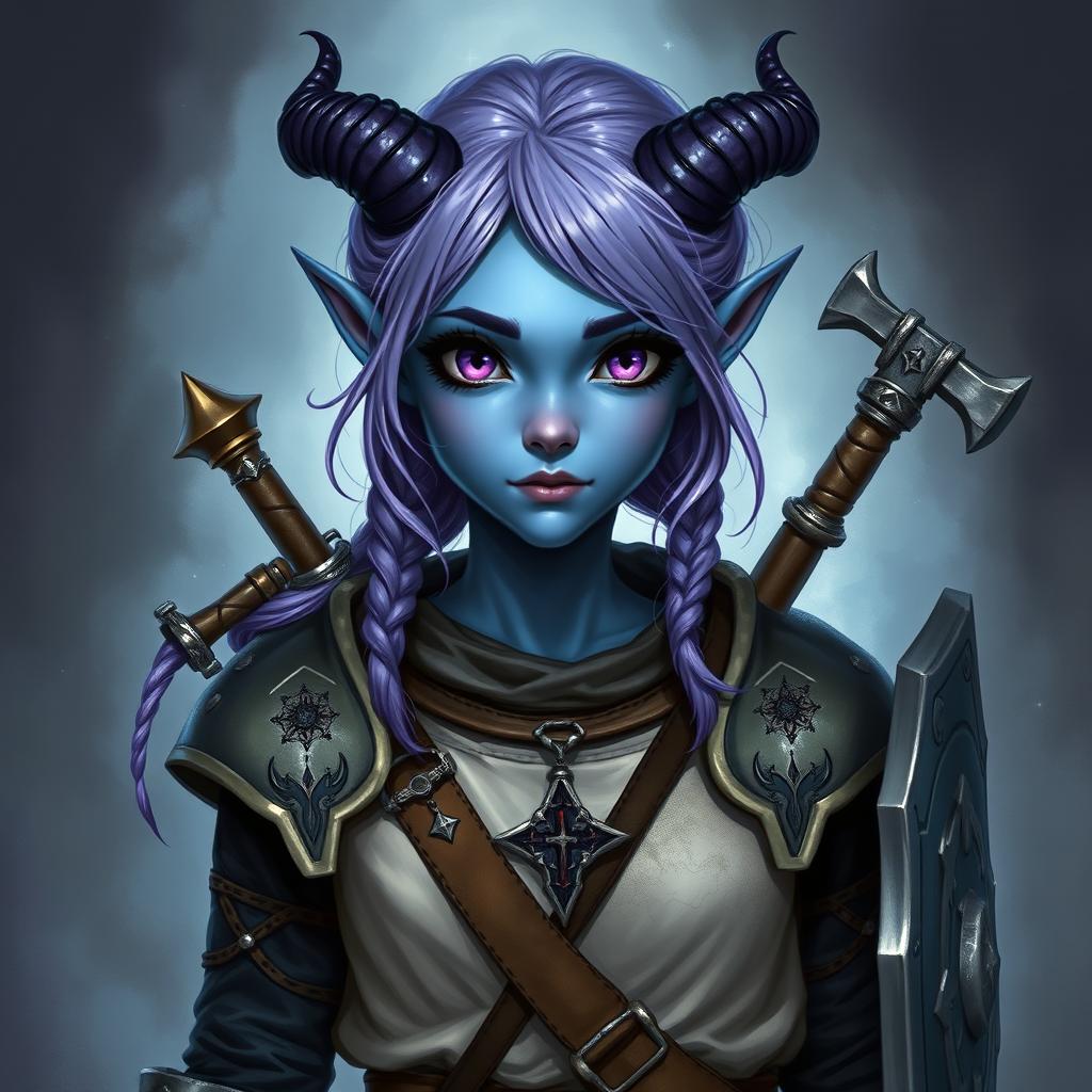 A full-body portrayal of a young female tiefling in Dungeons & Dragons fantasy art style