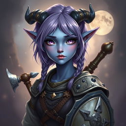 A full-body portrayal of a young female tiefling in Dungeons & Dragons fantasy art style