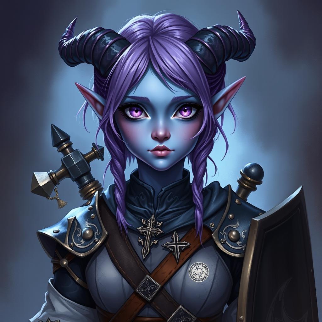 A full-body portrayal of a young female tiefling in Dungeons & Dragons fantasy art style