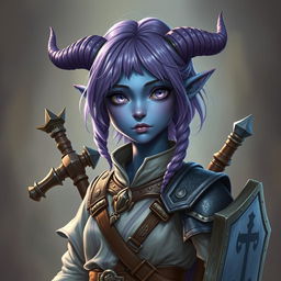 A full-body portrayal of a young female tiefling in Dungeons & Dragons fantasy art style