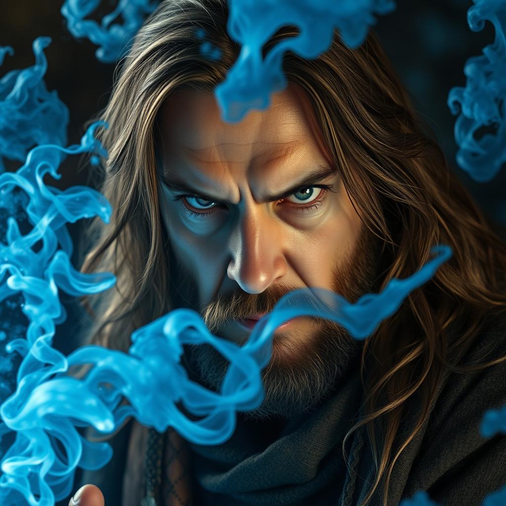 A portrait of a 50-year-old angry man with long brown hair and full magical white eyes, casting massive blue magical clouds