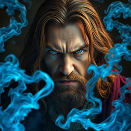 A portrait of a 50-year-old angry man with long brown hair and full magical white eyes, casting massive blue magical clouds