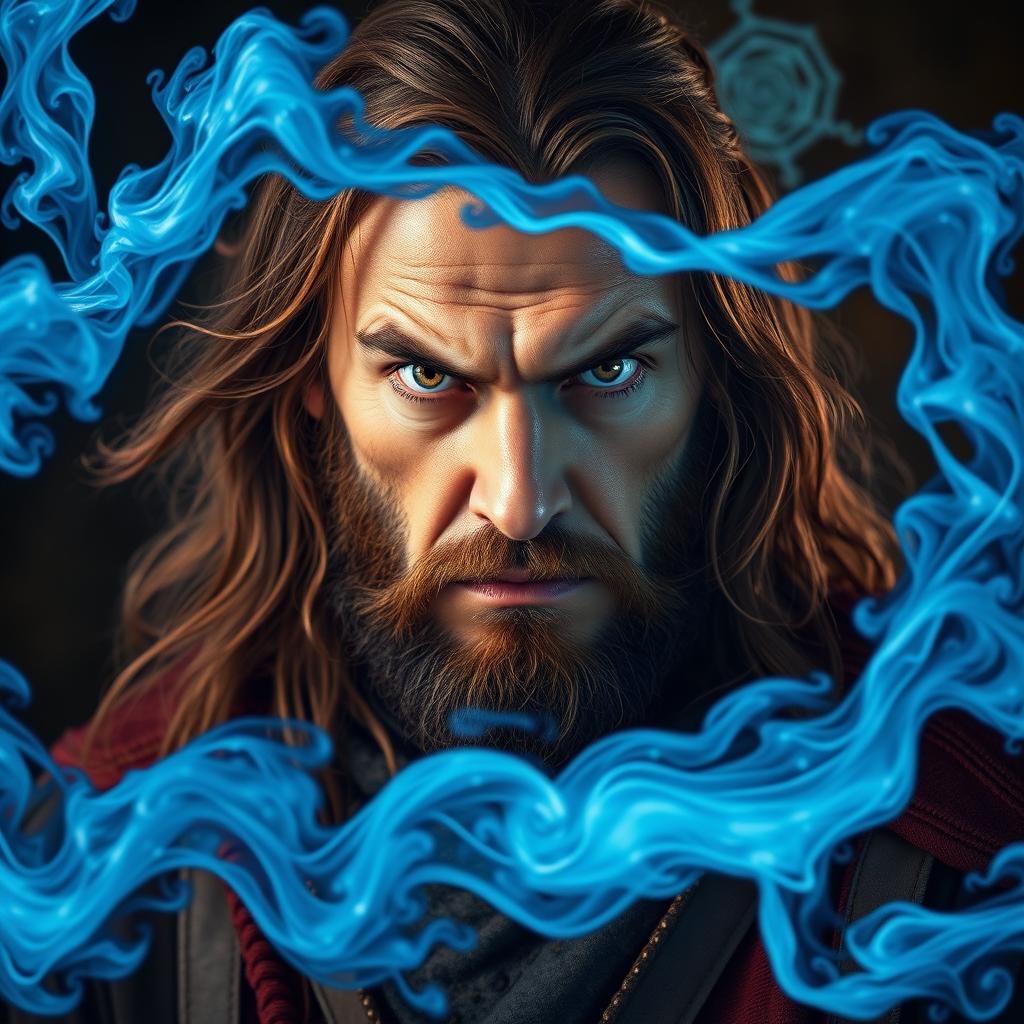 A portrait of a 50-year-old angry man with long brown hair and full magical white eyes, casting massive blue magical clouds