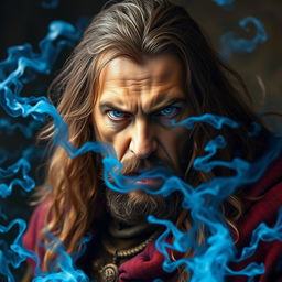 A portrait of a 50-year-old angry man with long brown hair and full magical white eyes, casting massive blue magical clouds