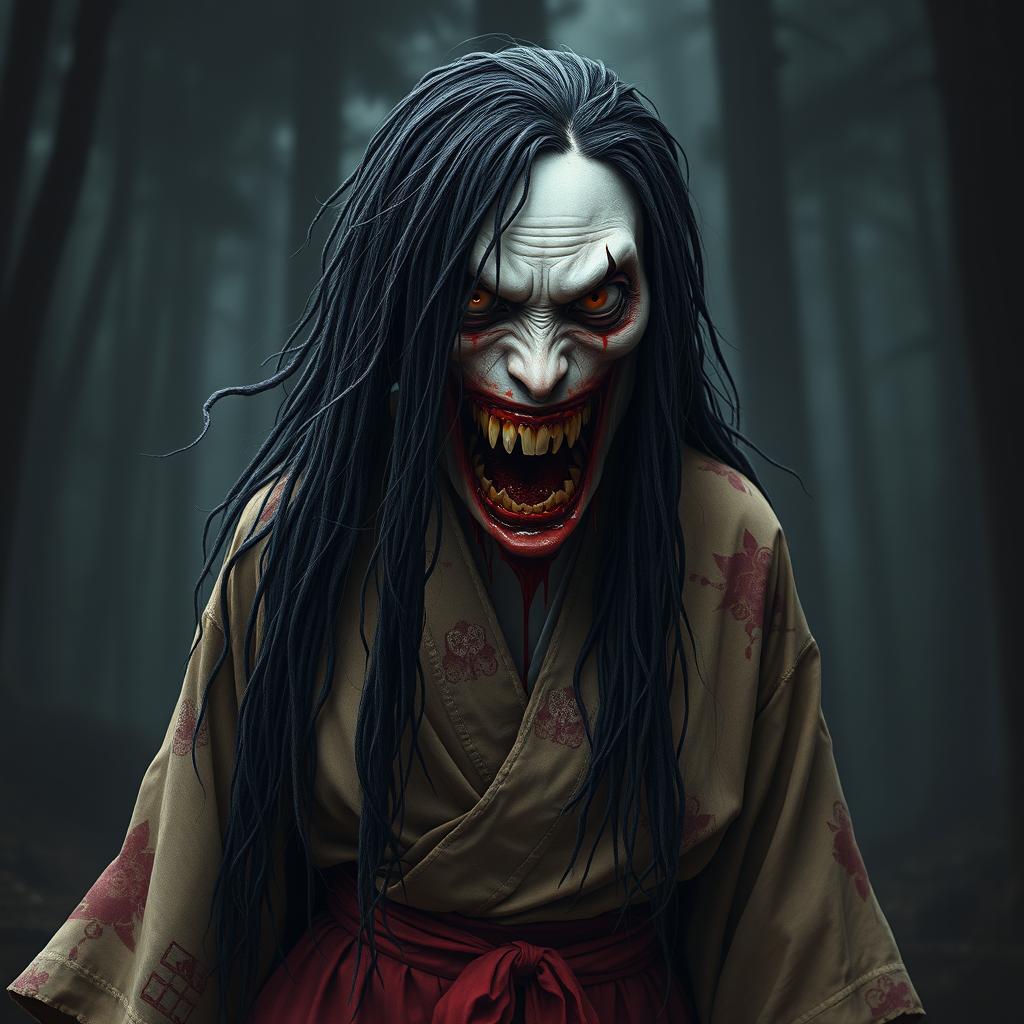 A hyper-realistic full-body portrait of a monstrous woman inspired by Japanese folklore, particularly the legend of Kuchisake-onna
