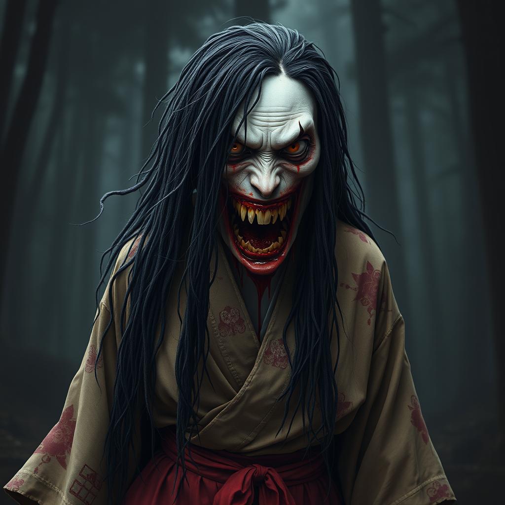 A hyper-realistic full-body portrait of a monstrous woman inspired by Japanese folklore, particularly the legend of Kuchisake-onna