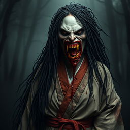 A hyper-realistic full-body portrait of a monstrous woman inspired by Japanese folklore, particularly the legend of Kuchisake-onna