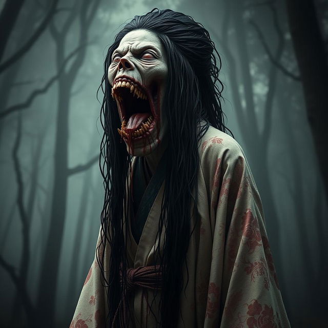 A hyper-realistic full-body portrait of a monstrous woman inspired by Japanese folklore, particularly the legend of Kuchisake-onna