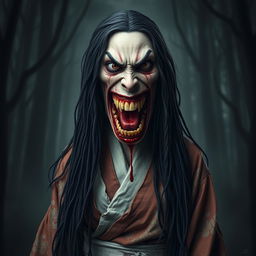 A hyper-realistic full-body portrait of a monstrous woman inspired by Japanese folklore, particularly the legend of Kuchisake-onna
