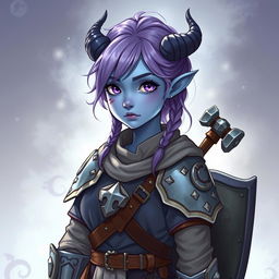 A full-body illustration of a young female tiefling in Dungeons & Dragons fantasy art style