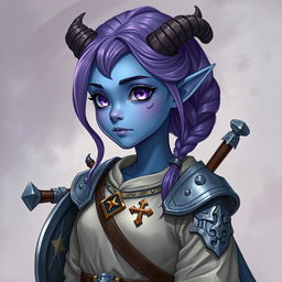 A full-body illustration of a young female tiefling in Dungeons & Dragons fantasy art style