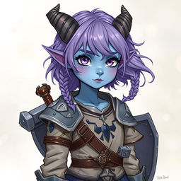 A full-body illustration of a young female tiefling in Dungeons & Dragons fantasy art style